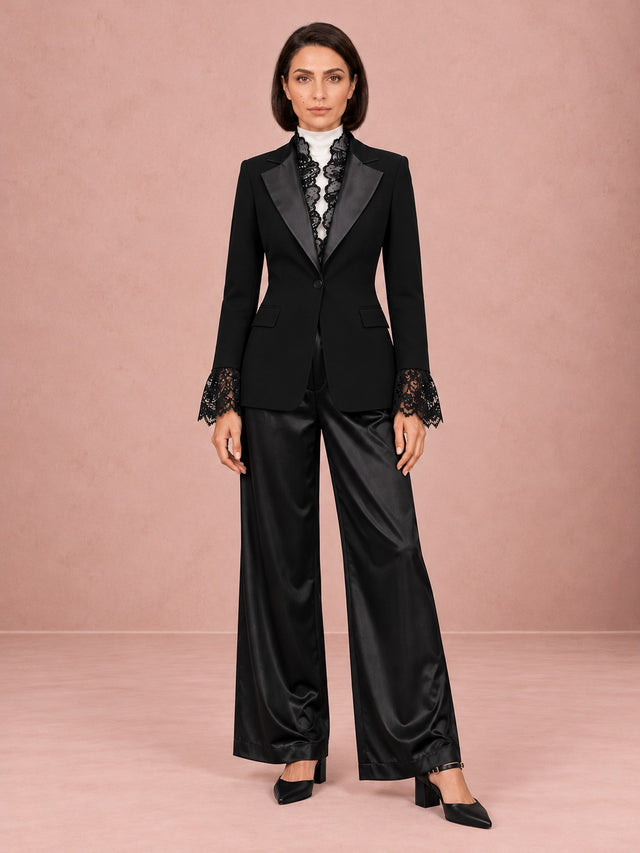 Satin Lapel Tuxedo Jacket and Pleated Palazzo Pants Two-Piece Set