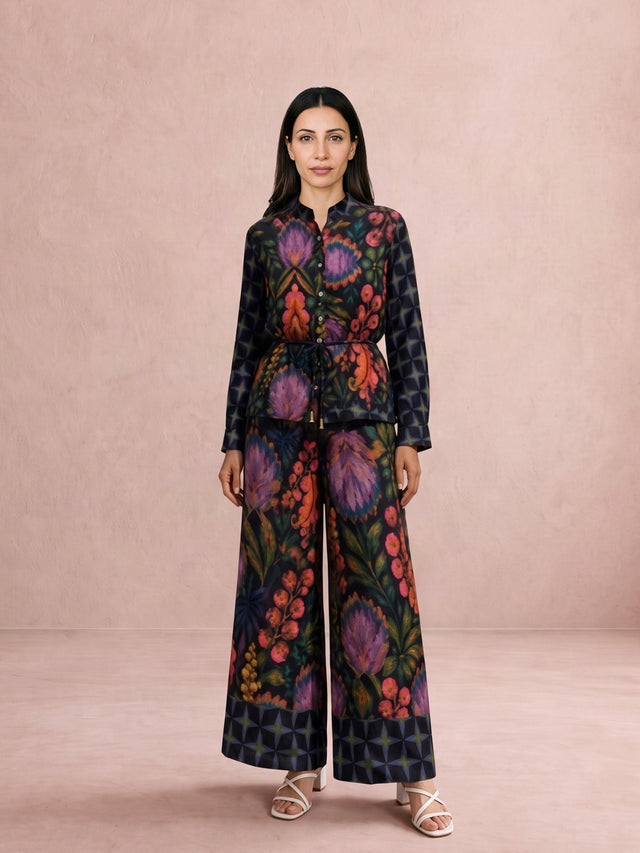 Soléa Tropical Print Linen Blouse and Trousers Two-Piece Set