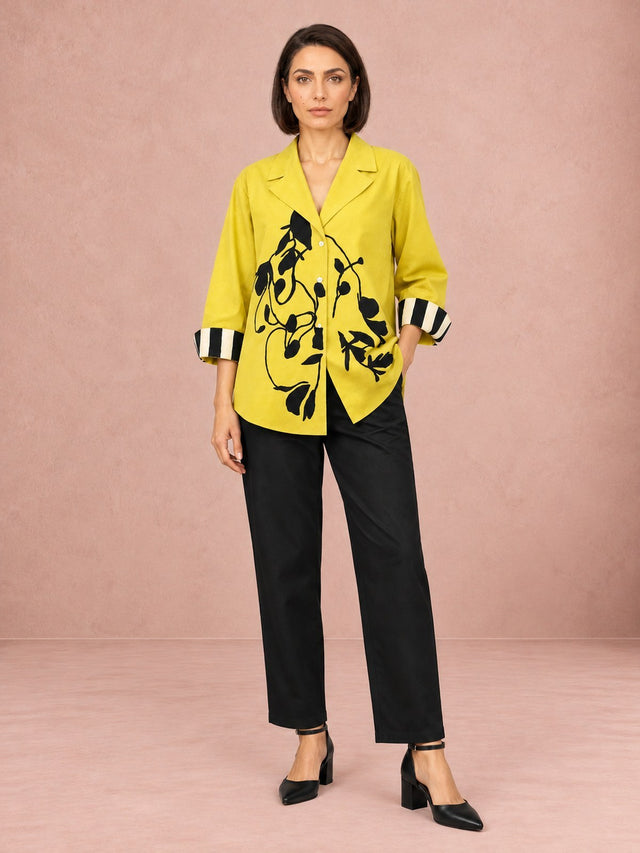 Citrus Appliqué Jacket and Black Denim Trousers Two-Piece Set