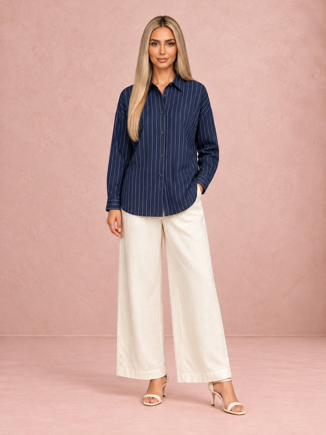 Indigo Pinstripe Shirt and Off-White Twill Trousers Two-Piece Set