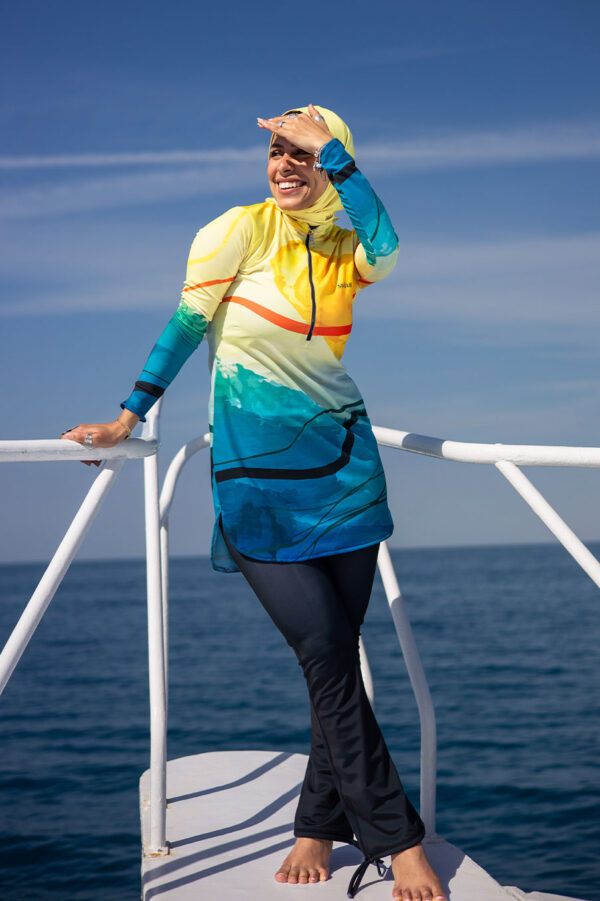 Sunburst Waves Yellow Blue Wave Print Hooded Swim Set