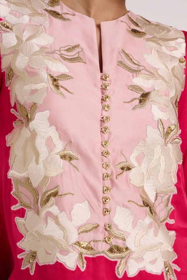 Close-up of the Cory dress notched neckline, gold button placket and floral applique
