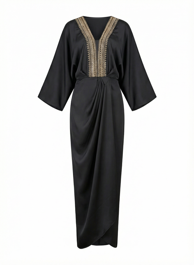 Zarafah Black Pleated Batwing Kaftan with Embellished V Neck