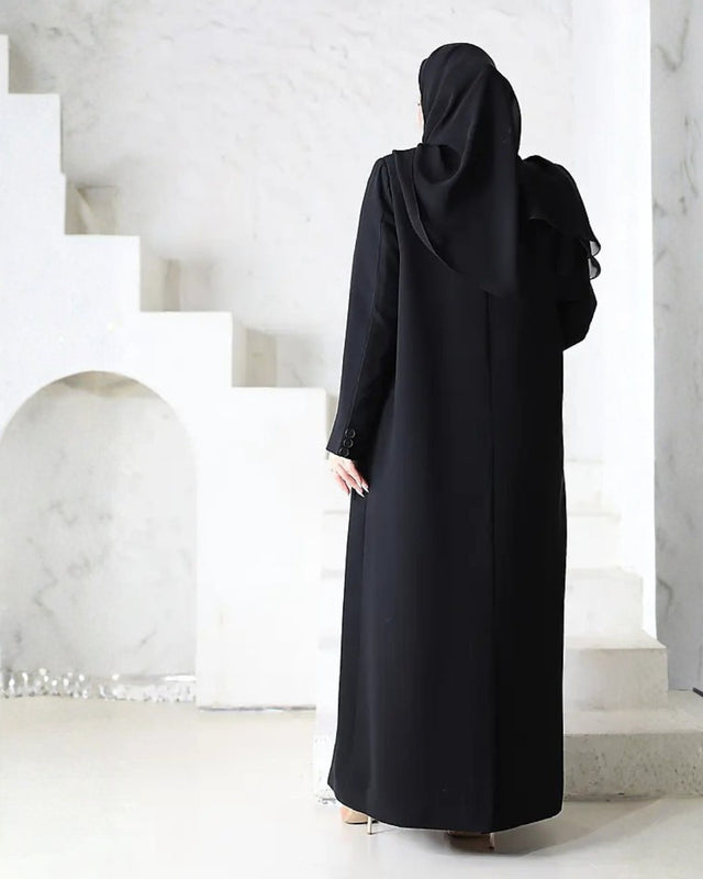 Black Pleated Button-Front Abaya