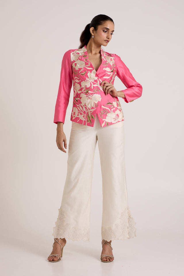 Jay Pink Eddie Wrap Vest and Embroidered Pants by Madder Much, pink wrap top with ivory floral applique and pants