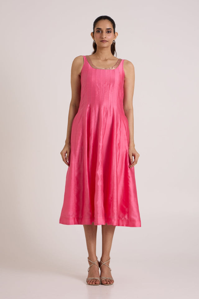 Jay pink Hira-Jun sleeveless panelled midi dress without the jacket, full length front view