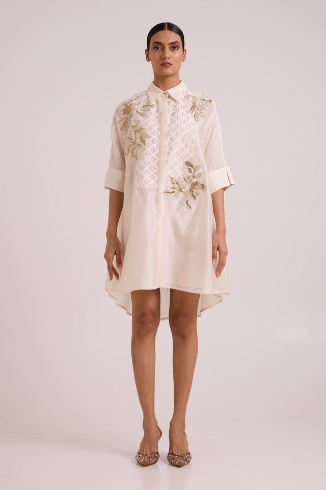 Mimi Ivory Framed Shirt Dress by Madder Much, oversized shirt dress with lattice embroidery and gold floral applique