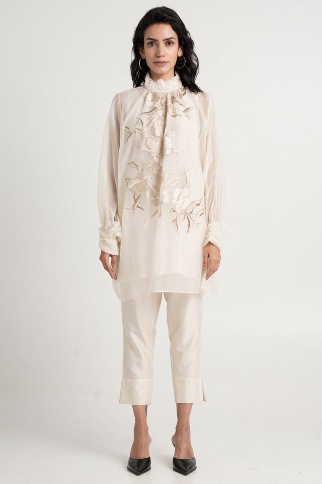 Alba Ivory Beach Tunic Set by Madder Much, sheer tunic with tonal floral embroidery and tapered pants