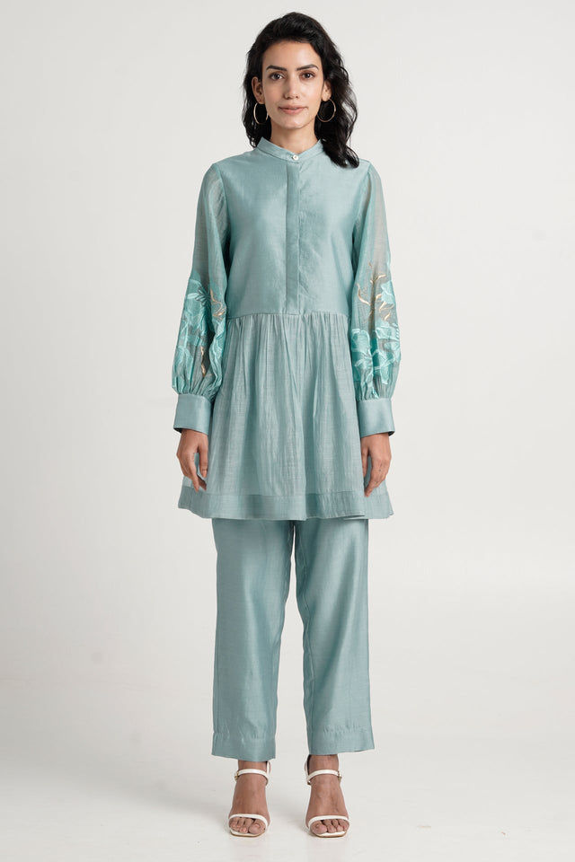 Aqua Abe 2.0 Micro-gathered Peplum Tunic Set by Madder Much, band collar tunic with embroidered sheer sleeves