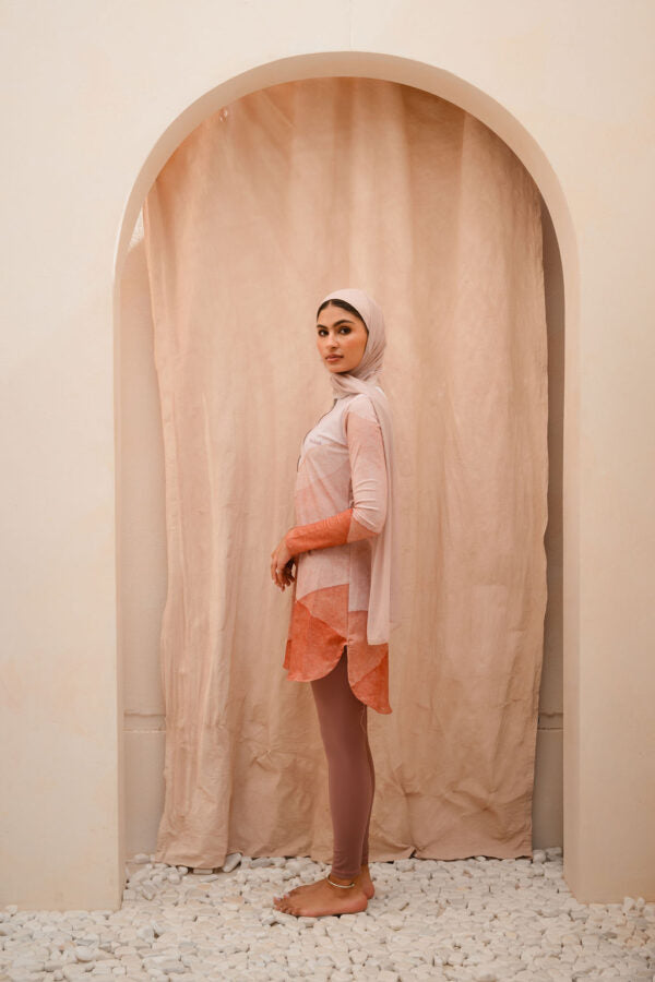 Sandy Bloom Peach Coral Colour Block Zip Neck Swim Top