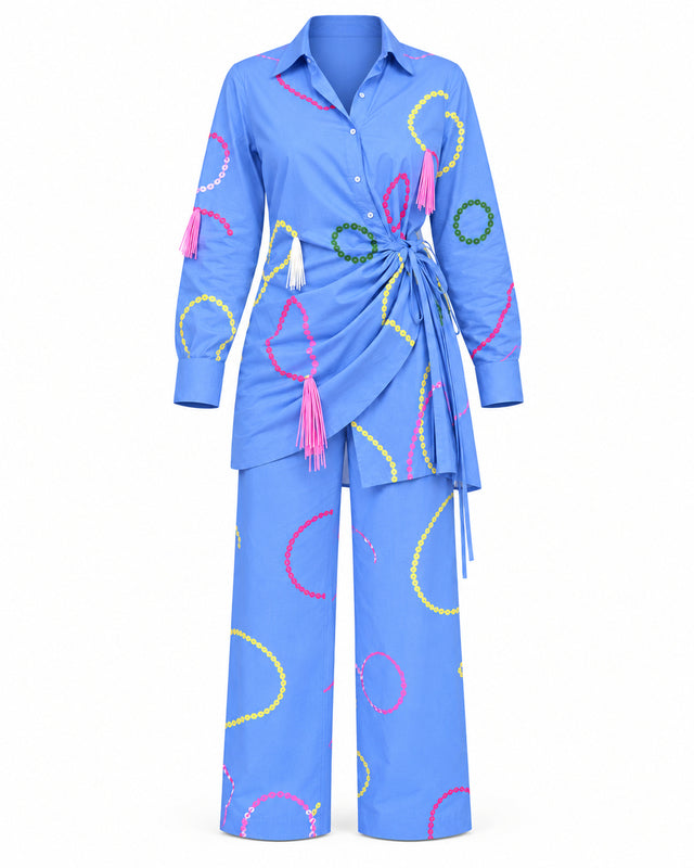 Amora Blue Embroidered Asymmetric Shirt and Trousers Two-Piece Set