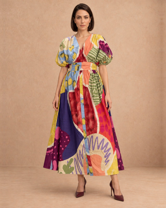 Juno Florentine Mosaic Print Belted Cotton Dress
