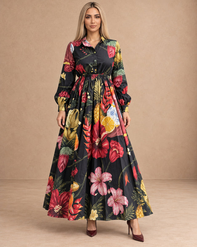 Petalia Midnight Black Sol Garden Print Cotton Dress