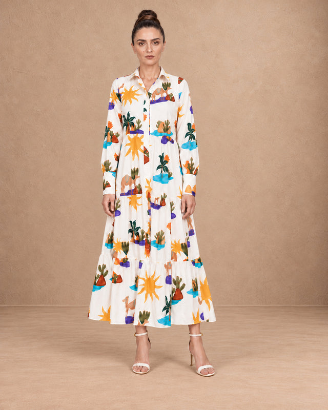 Riviera White Hidden Spring Print Tiered Cotton Shirt Dress