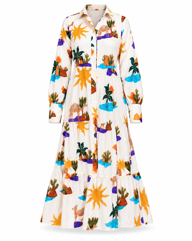 Riviera White Hidden Spring Print Tiered Cotton Shirt Dress