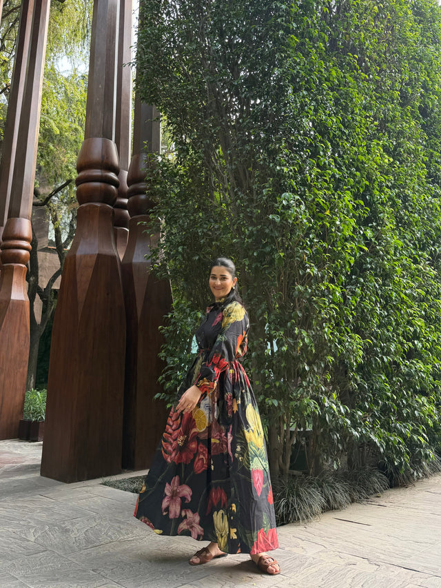 Petalia Dress in Sol Garden print (Midnight Black)