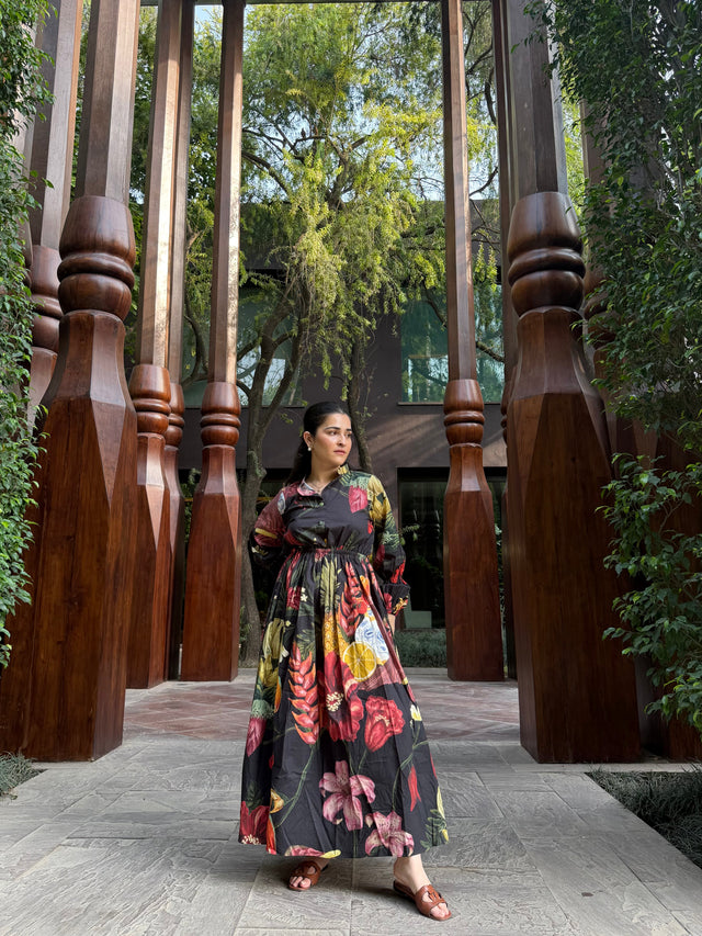 Petalia Dress in Sol Garden print (Midnight Black)