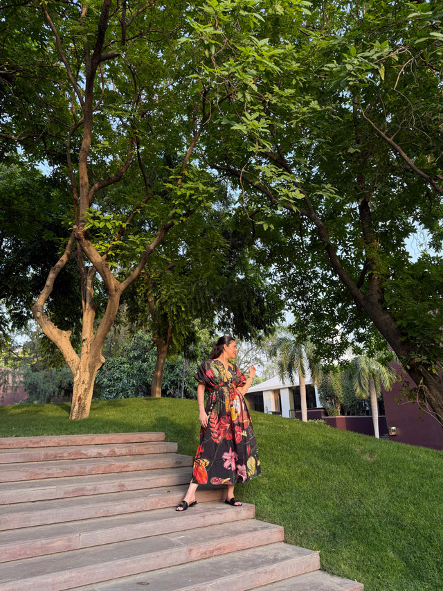 Nirvana Dress in Sol Garden print (Midnight Black)