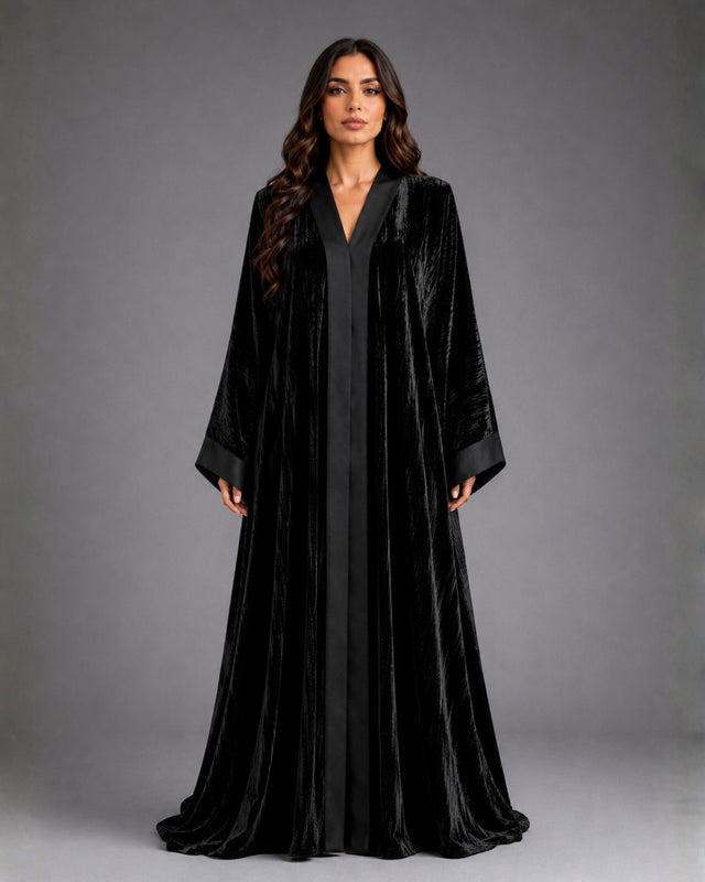 Black Crushed Velvet Open Front Abaya with Satin Trim