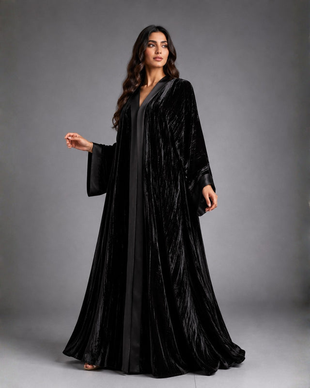 Black Crushed Velvet Open Front Abaya with Satin Trim