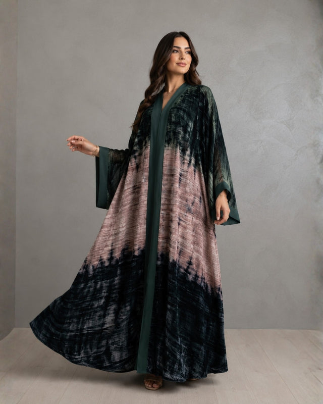 Tie-Dye Crushed Velvet Open Front Abaya with Satin Trim