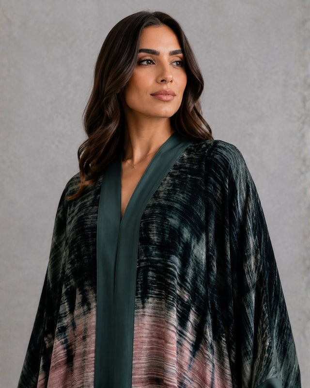 Tie-Dye Crushed Velvet Open Front Abaya with Satin Trim