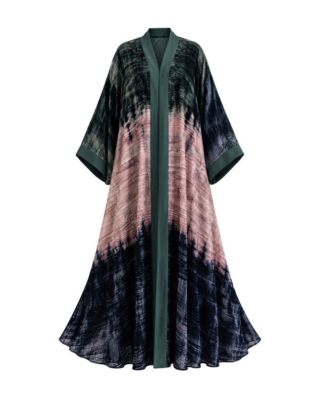 Tie-Dye Crushed Velvet Open Front Abaya with Satin Trim