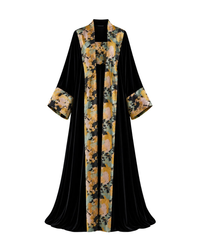 Black Velvet Open Front Abaya with Jacquard Trim and Inner Dress