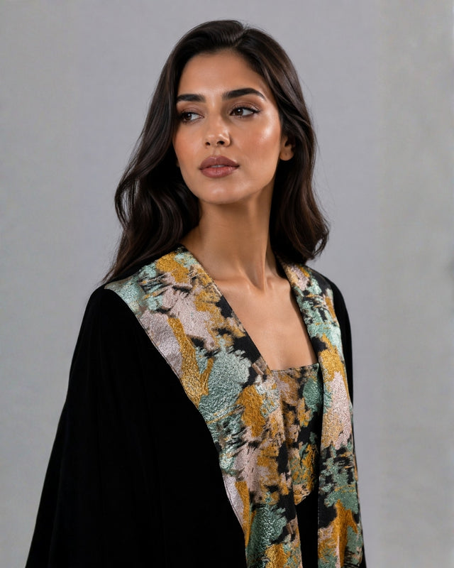 Black Velvet Open Front Abaya with Jacquard Trim and Inner Dress
