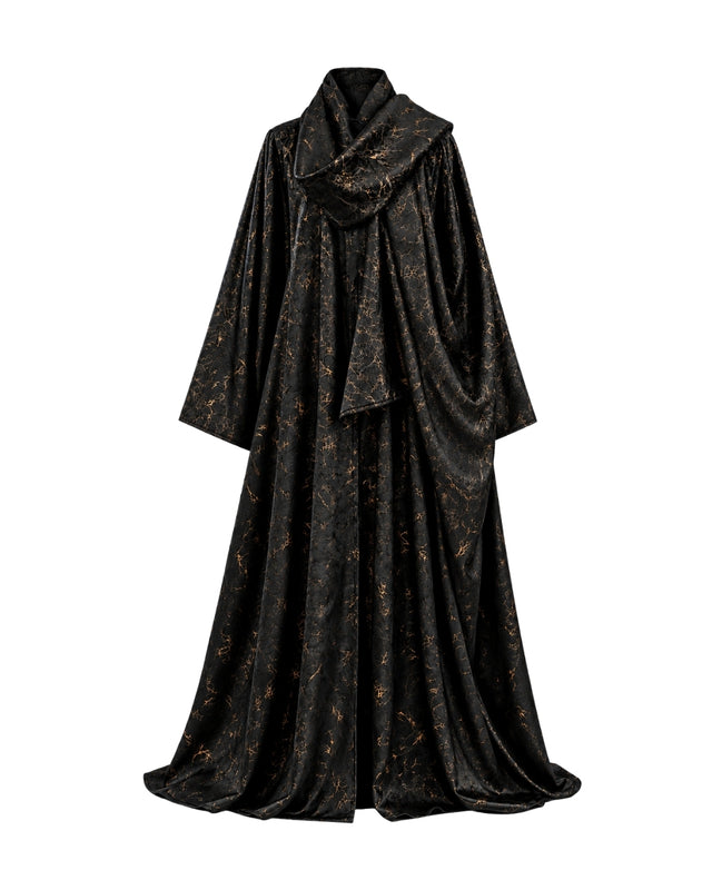 Black Patterned Reversible Wool Bisht Abaya with Shawl Collar