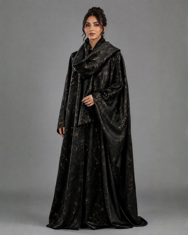 Black Patterned Reversible Wool Bisht Abaya with Shawl Collar
