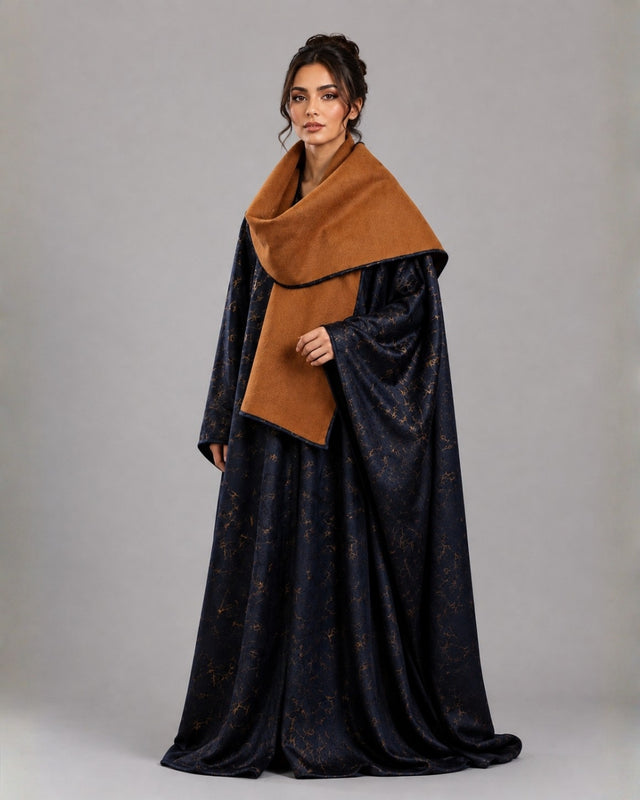 Black Patterned Reversible Wool Bisht Abaya with Shawl Collar