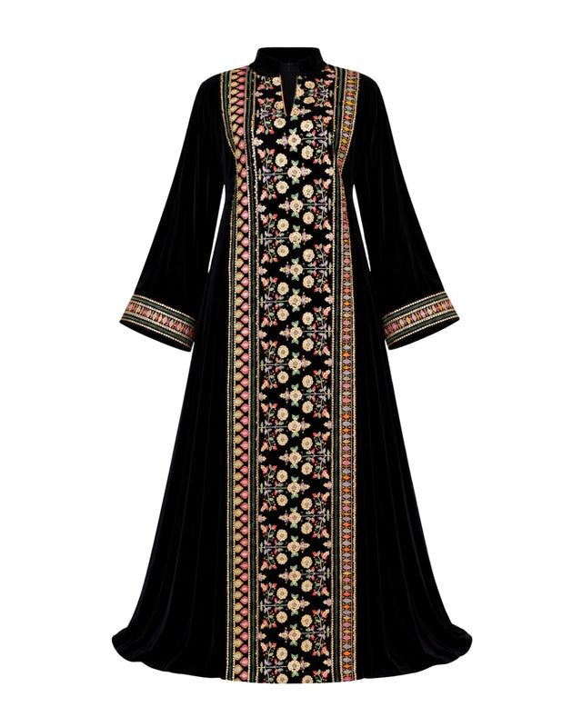 Black Velvet Jalabiya with Embroidered Front Panel and Cuffs