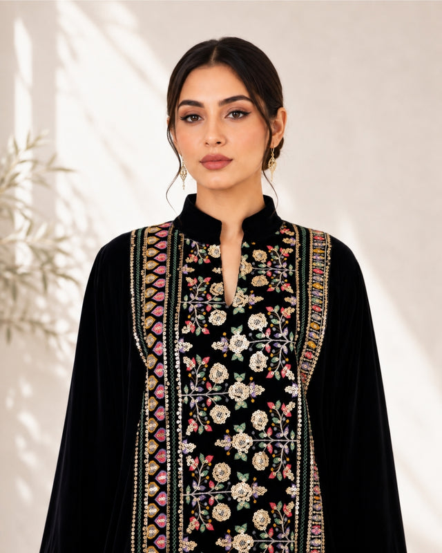 Black Velvet Jalabiya with Embroidered Front Panel and Cuffs