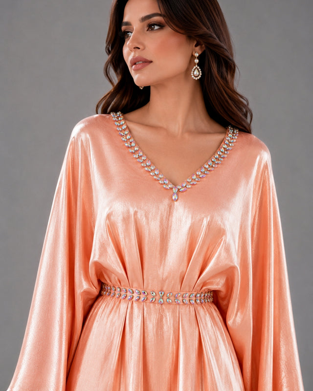 Peach Shimmering Crepe Butterfly Jalabiya with Stone Trimmed Neckline