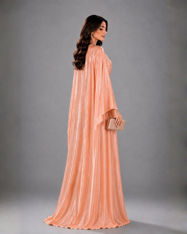 Peach Shimmering Crepe Butterfly Jalabiya with Stone Trimmed Neckline