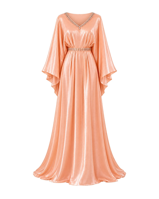 Peach Shimmering Crepe Butterfly Jalabiya with Stone Trimmed Neckline