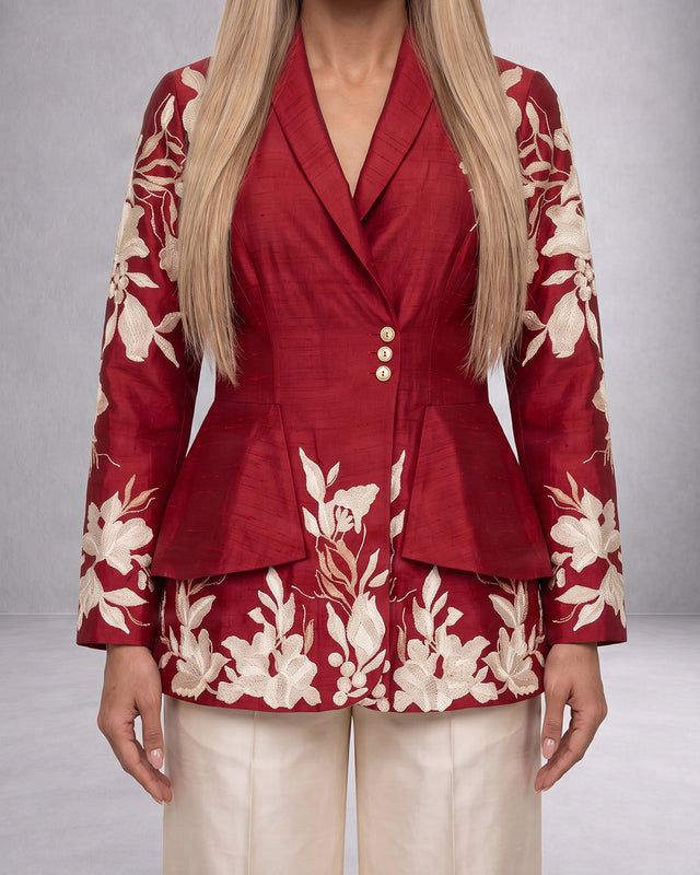 Vasco Floral Embroidered Chanderi Silk Flap Blazer and Pant Two-Piece Set