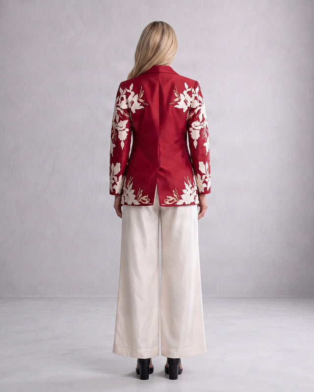 Vasco Floral Embroidered Chanderi Silk Flap Blazer and Pant Two-Piece Set