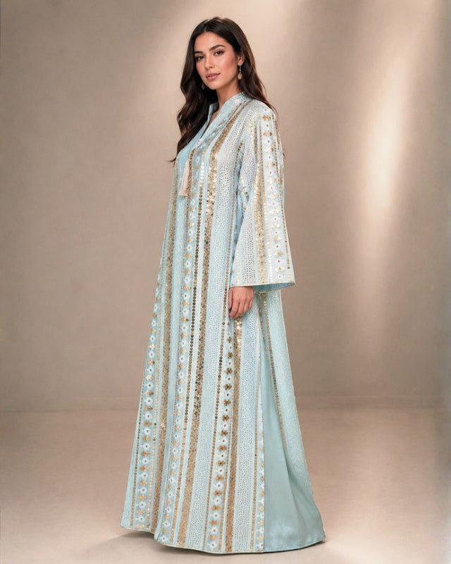 Gold Embroidered Striped Linen Jalabiya with Tassel Neckline