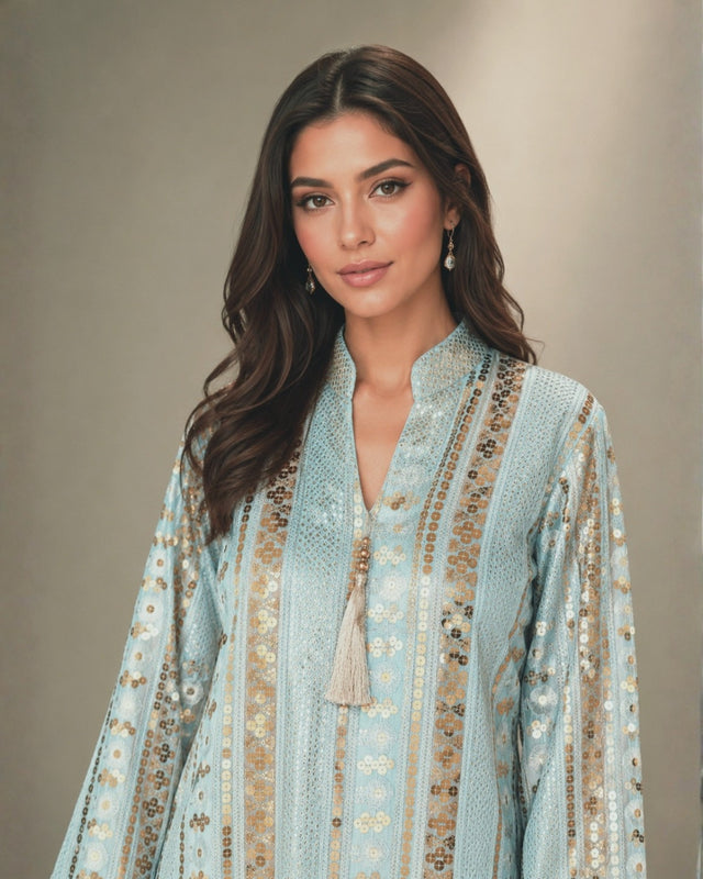 Gold Embroidered Striped Linen Jalabiya with Tassel Neckline