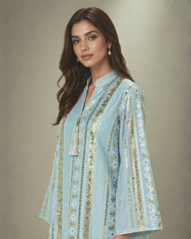 Gold Embroidered Striped Linen Jalabiya with Tassel Neckline