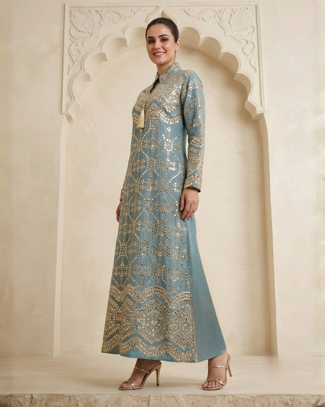 Geometric Gold Embroidered Linen Jalabiya with Keyhole Tassel Neck