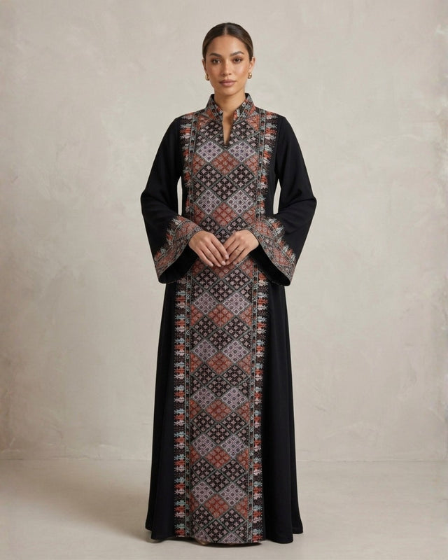 Diamond Embroidered Linen Jalabiya with Split Neckline