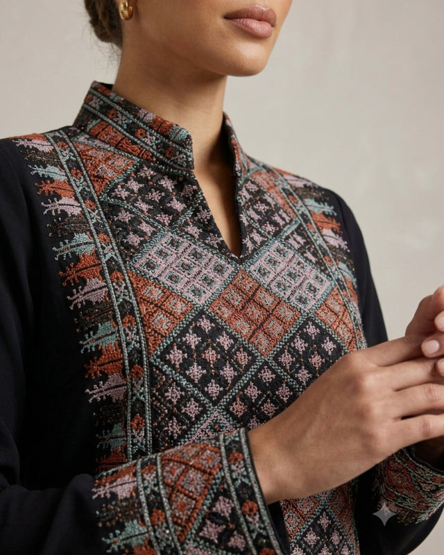 Diamond Embroidered Linen Jalabiya with Split Neckline