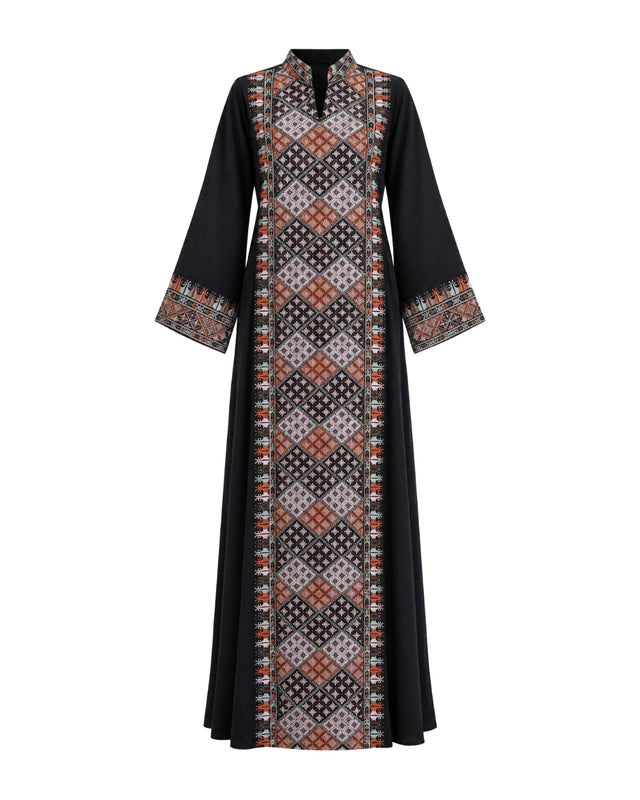 Diamond Embroidered Linen Jalabiya with Split Neckline