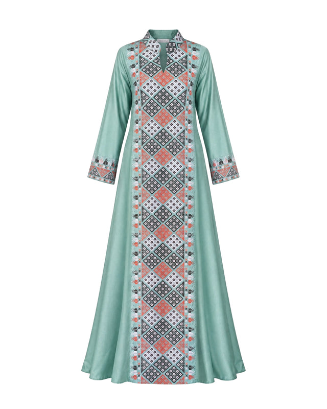 Diamond Embroidered Linen Jalabiya with Split Neckline