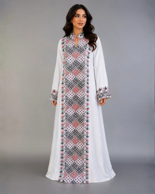 Diamond Embroidered Linen Jalabiya with Split Neckline