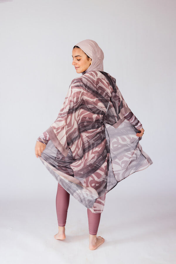 Huruf Mauve Grey Leaf Print Chiffon Swimwear Kimono