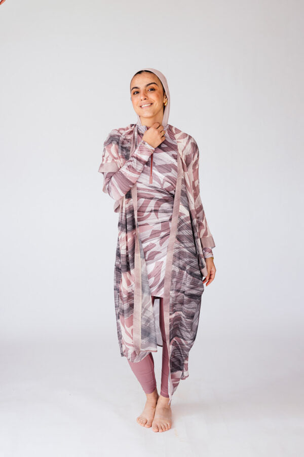 Huruf Mauve Grey Leaf Print Chiffon Swimwear Kimono